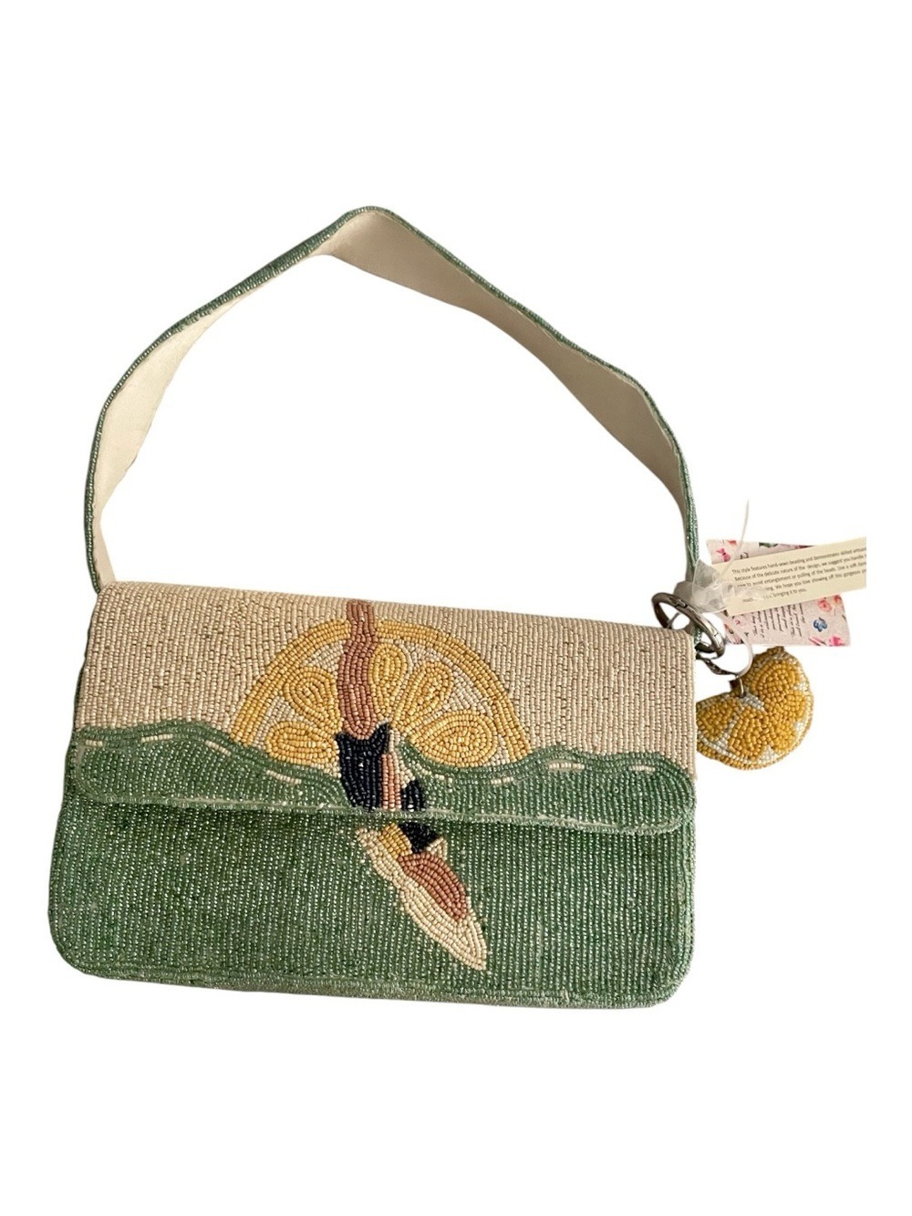 Hand Crafted in India Beaded Green & Cream Deep Sea Shoulder Bag Lemon Accents